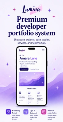 Lumina premium developer portfolio system product card with responsive portfolio mockup
