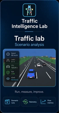 Traffic Intelligence Lab product card with scenario analysis preview and telemetry metrics