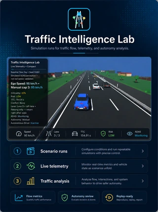Traffic Intelligence Lab shelf graphic with low-poly highway simulation and telemetry overview